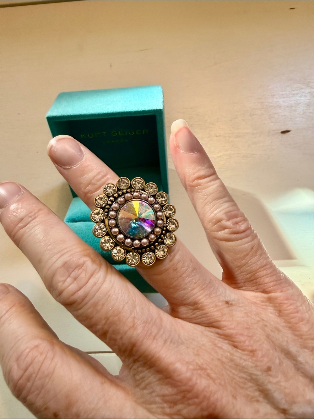 Kurt Geiger Stunning Antique Gold-Tone Halo Ring with Iridescent Center - Picture 5 of 10